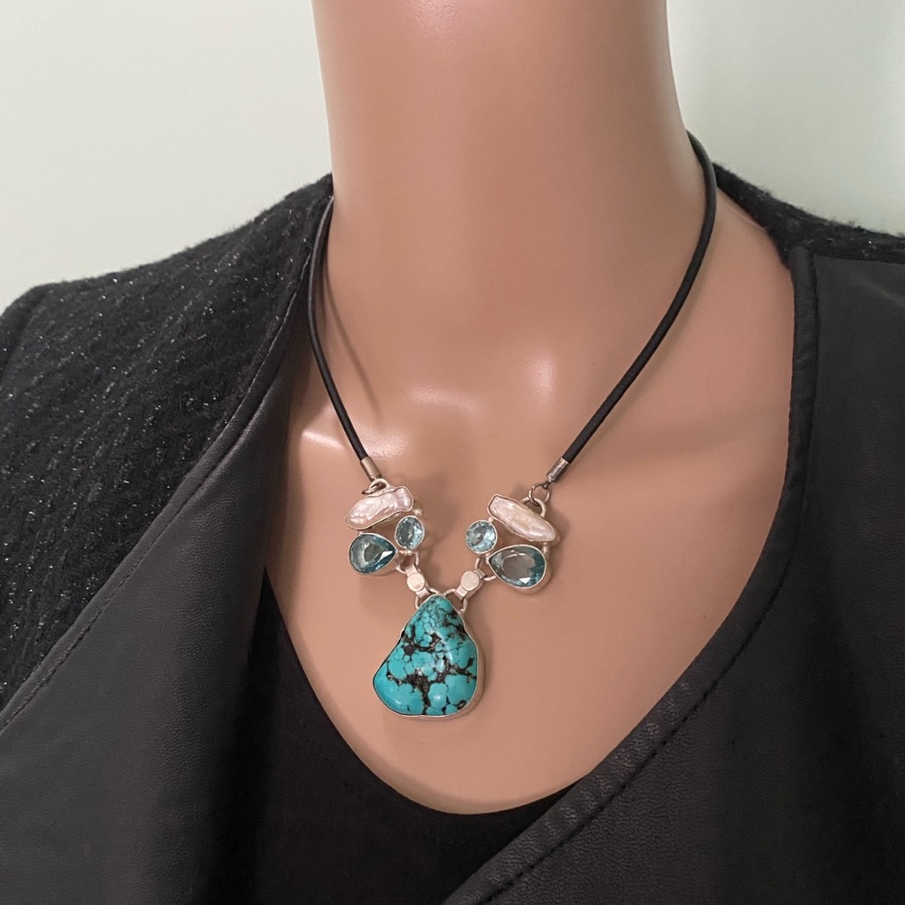 Genuine Turquoise Sterling Silver Necklace Mother of Pearl & Blue Quartz Stones